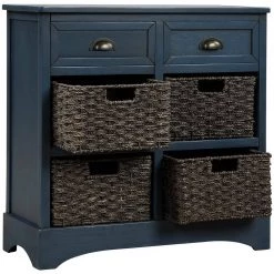 Antique Navy Rustic Storage Cabinet with Two Drawers and Four Classic Rattan Basket by ATHMILE -ATHMILE Sales Store antique navy athmile accent cabinets gz wf193442aam 77 1000