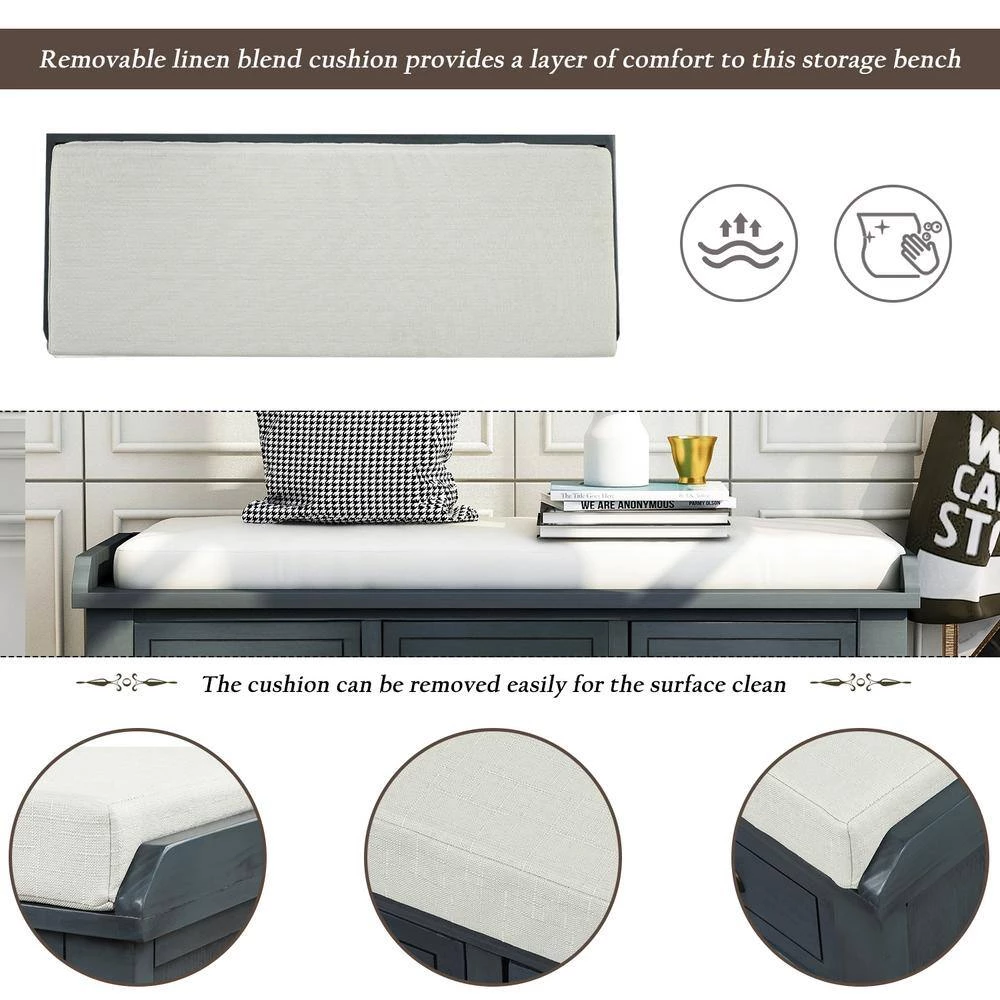 Antique Navy Storage Bench with 3-Drawers and 3-Rattan Baskets 42.1 in. L x 15.4 in. W x 18.7 in. H by ATHMILE 5 Antique Navy Storage Bench with 3-Drawers and 3-Rattan Baskets 42.1 in. L x 15.4 in. W x 18.7 in. H by ATHMILE - Image 5