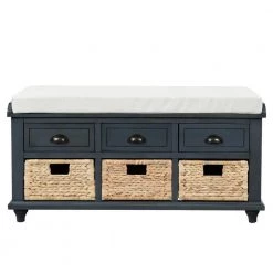 Antique Navy Storage Bench with 3-Drawers and 3-Rattan Baskets 42.1 in. L x 15.4 in. W x 18.7 in. H by ATHMILE