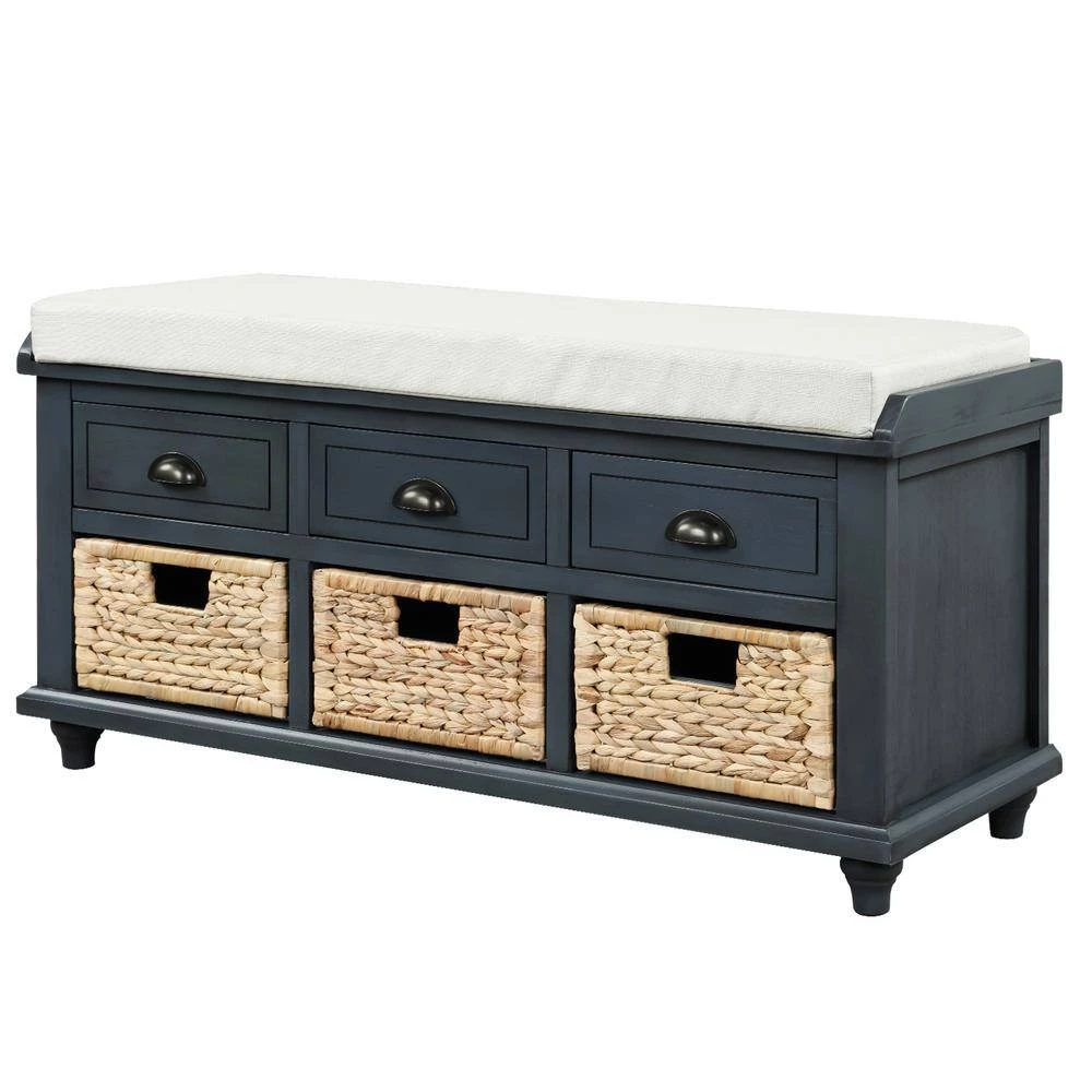 Antique Navy Storage Bench with 3-Drawers and 3-Rattan Baskets 42.1 in. L x 15.4 in. W x 18.7 in. H by ATHMILE 2 Antique Navy Storage Bench with 3-Drawers and 3-Rattan Baskets 42.1 in. L x 15.4 in. W x 18.7 in. H by ATHMILE - Image 2