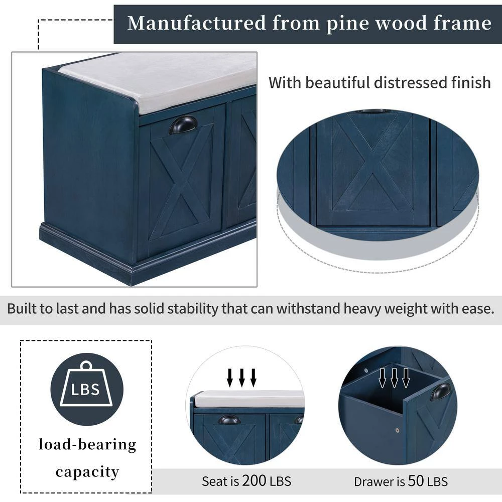 Antique Navy Storage Bench 43 in. L x 15.7 in. W x 20 in. H by ATHMILE 6 Antique Navy Storage Bench 43 in. L x 15.7 in. W x 20 in. H by ATHMILE - Image 6