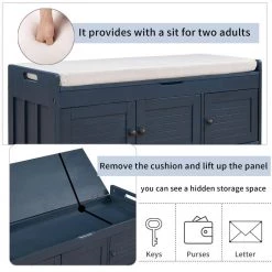 Antique Navy Shoe Bench with Removable Cushion and Hidden Storage Space 43.5 in. L x 16 in. W x 18 in. H by ATHMILE 19 Antique Navy Shoe Bench with Removable Cushion and Hidden Storage Space 43.5 in. L x 16 in. W x 18 in. H by ATHMILE -ATHMILE Sales Store antique navy athmile dining benches gzx b2w20220688 1f 1000