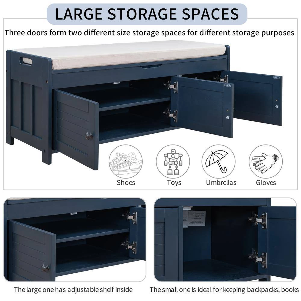 Antique Navy Shoe Bench with Removable Cushion and Hidden Storage Space 43.5 in. L x 16 in. W x 18 in. H by ATHMILE 7 Antique Navy Shoe Bench with Removable Cushion and Hidden Storage Space 43.5 in. L x 16 in. W x 18 in. H by ATHMILE - Image 7