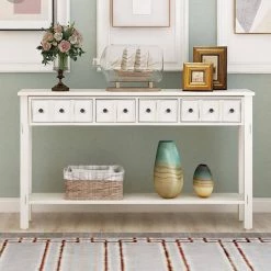 60.03 in. W White Standard Rectangle Wood Console Table by ATHMILE -ATHMILE Sales Store antique white athmile console tables gz b2w20221370 4f 1000