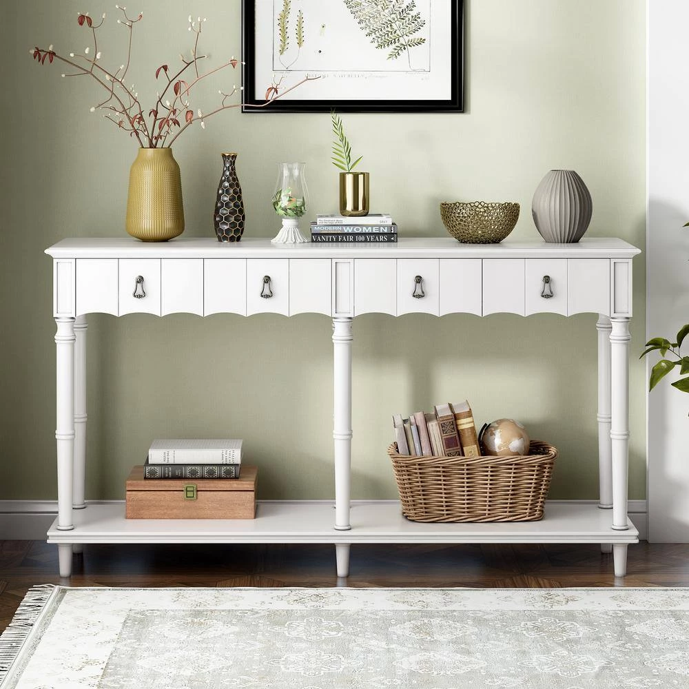 63 in. Antique White Standard Rectangle Wood Console Table with 4 Drawers and 1 Shelf by ATHMILE 9 63 in. Antique White Standard Rectangle Wood Console Table with 4 Drawers and 1 Shelf by ATHMILE - Image 9