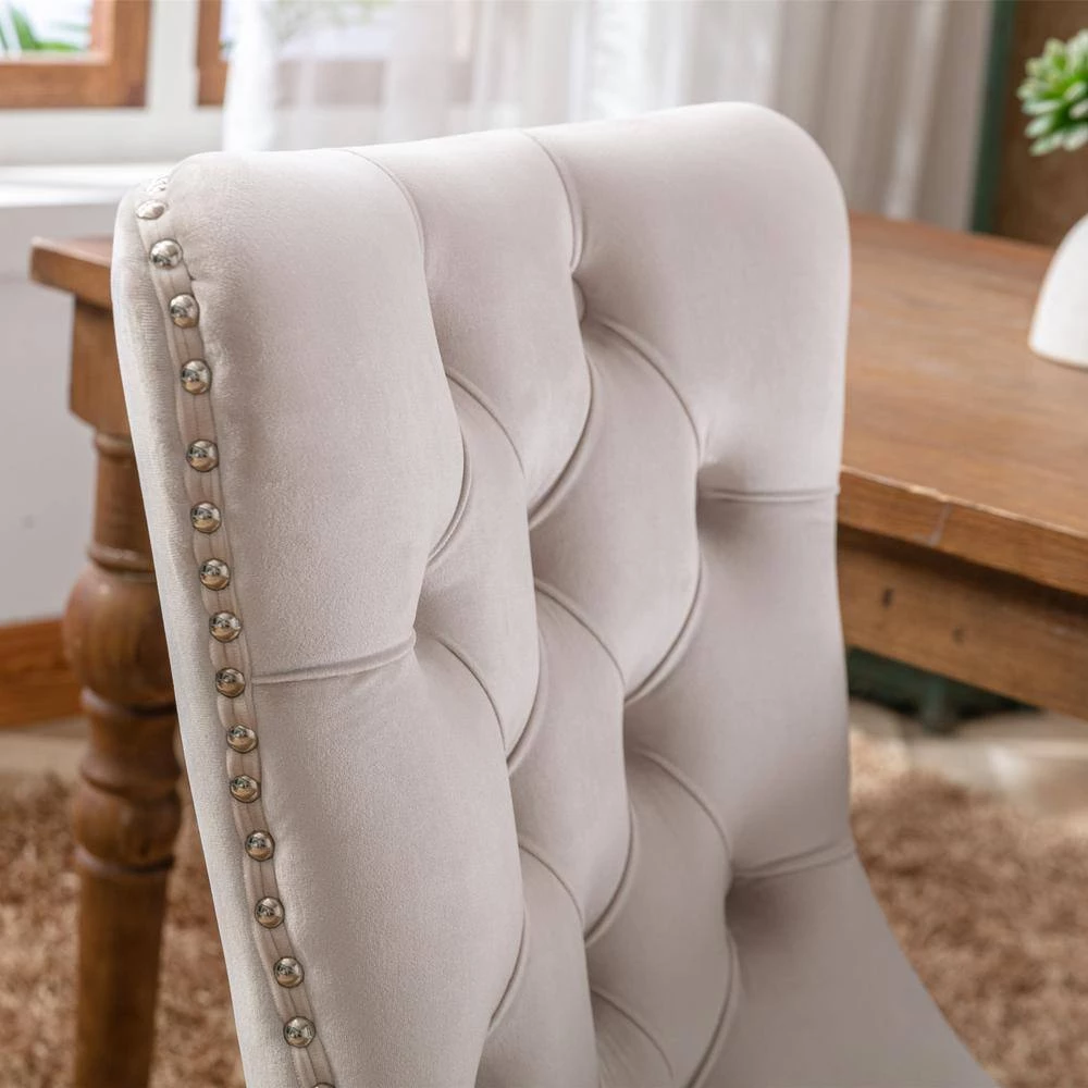 Beige Velvet Upholstered Nailhead Trim Dining Chairs (Set of 2) by ATHMILE 5 Beige Velvet Upholstered Nailhead Trim Dining Chairs (Set of 2) by ATHMILE - Image 5