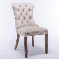 Beige Velvet Upholstered Nailhead Trim Dining Chairs (Set of 2) by ATHMILE