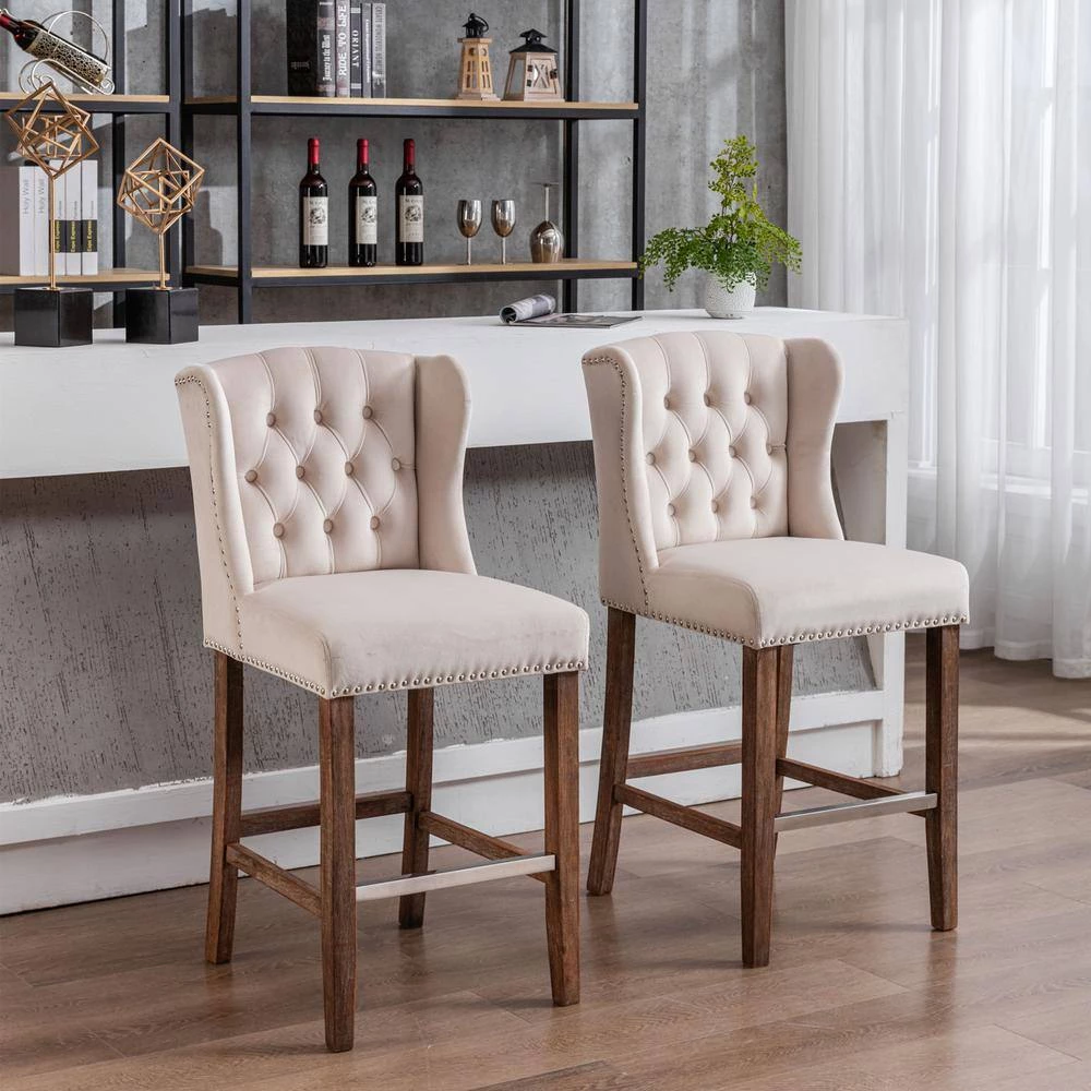 Beige Wingback Breakfast Chairs with Nailhead-Trim (Set of 2) by ATHMILE 6 Beige Wingback Breakfast Chairs with Nailhead-Trim (Set of 2) by ATHMILE - Image 6