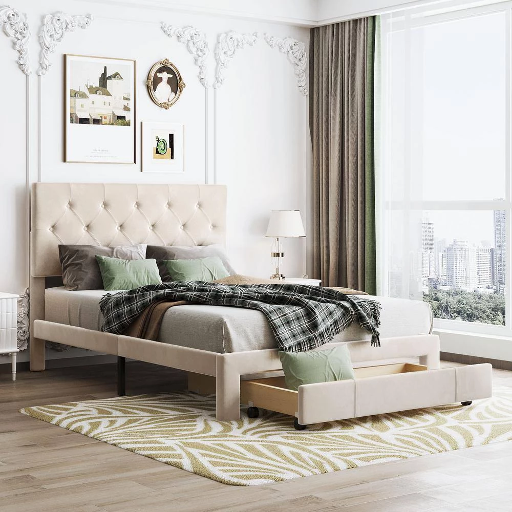 Beige Full Size Velvet Upholstered Platform Bed with a Big Drawer by ATHMILE 3 Beige Full Size Velvet Upholstered Platform Bed with a Big Drawer by ATHMILE - Image 3