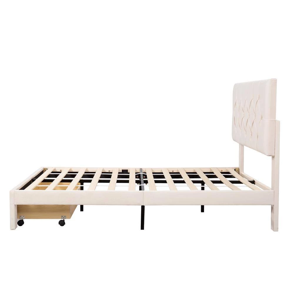 Beige Full Size Velvet Upholstered Platform Bed with a Big Drawer by ATHMILE 2 Beige Full Size Velvet Upholstered Platform Bed with a Big Drawer by ATHMILE - Image 2