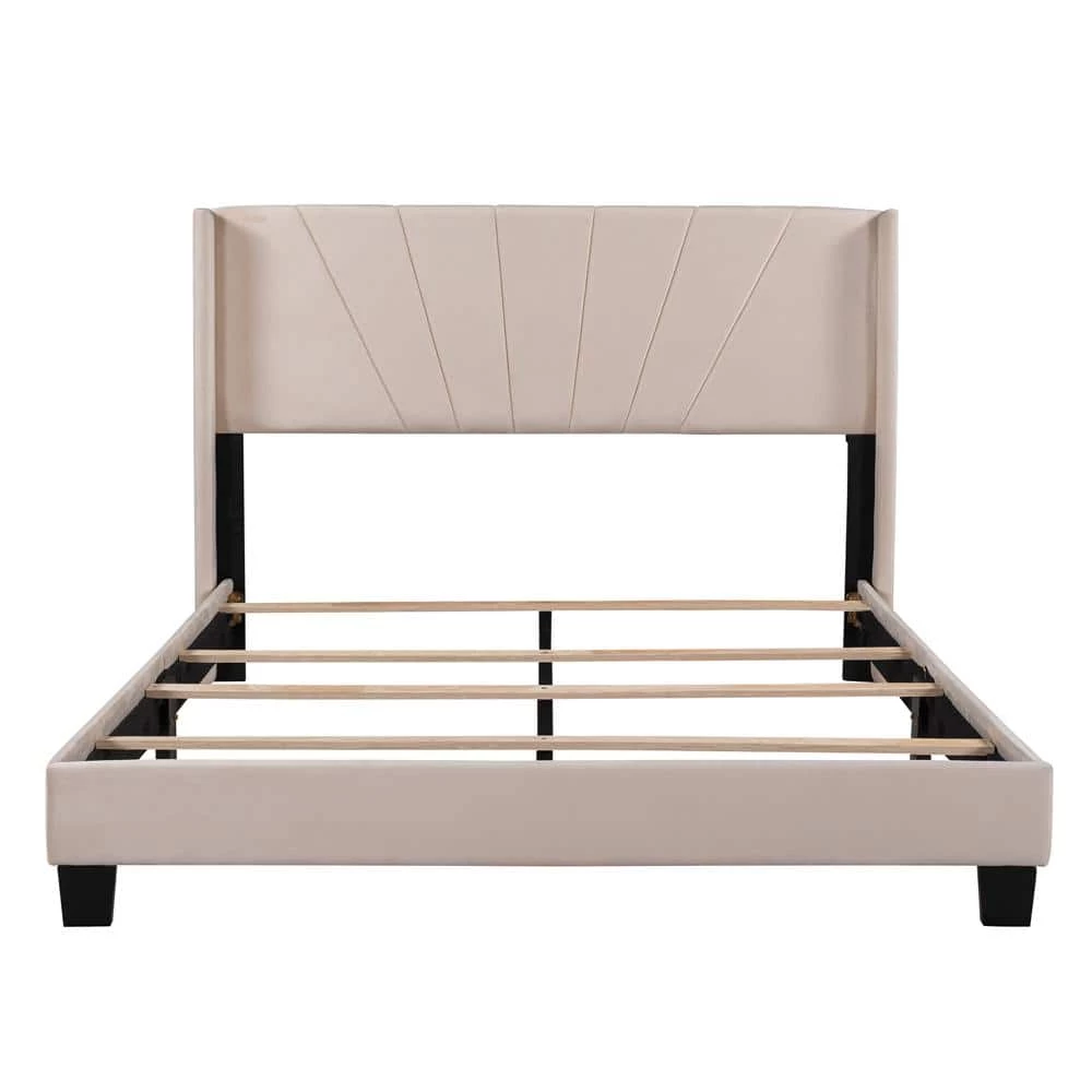 66.7 in. W Beige Wood Frame Queen Platform Bed by ATHMILE 1 66.7 in. W Beige Wood Frame Queen Platform Bed by ATHMILE