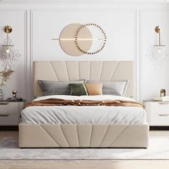 83 in. Beige Queen size Upholstered Platform bed with a Hydraulic Storage System by ATHMILE -ATHMILE Sales Store beige athmile platform beds gz b2w20220782 31 1000