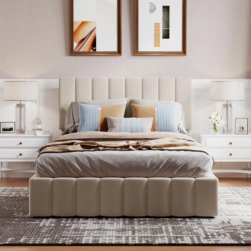 Beige Full size Upholstered Platform bed with a Hydraulic Storage System by ATHMILE 9 Beige Full size Upholstered Platform bed with a Hydraulic Storage System by ATHMILE - Image 9