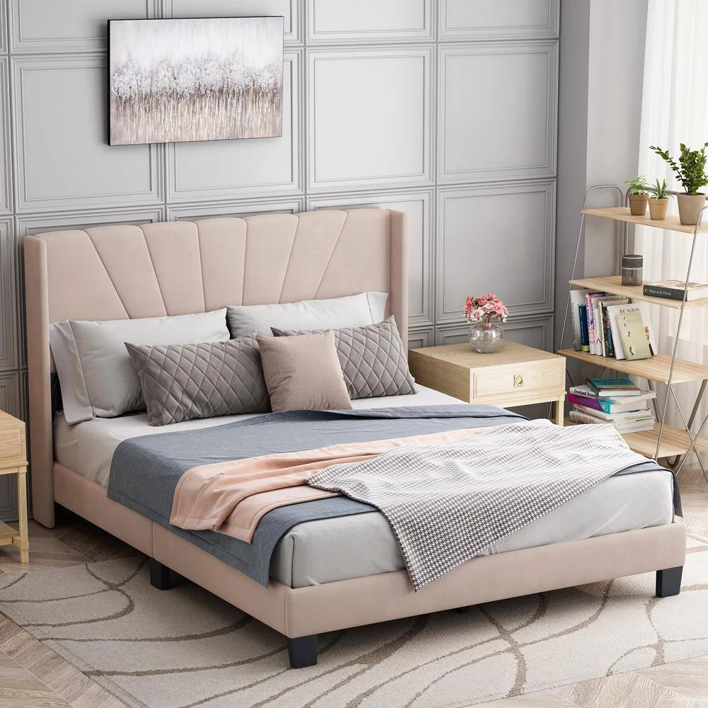 84.4 in. W Beige Velvet Upholstered Queen Size Platform Bed by ATHMILE 8 84.4 in. W Beige Velvet Upholstered Queen Size Platform Bed by ATHMILE - Image 8