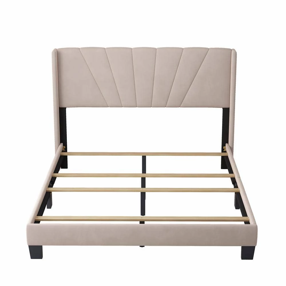 84.4 in. W Beige Velvet Upholstered Queen Size Platform Bed by ATHMILE 1 84.4 in. W Beige Velvet Upholstered Queen Size Platform Bed by ATHMILE