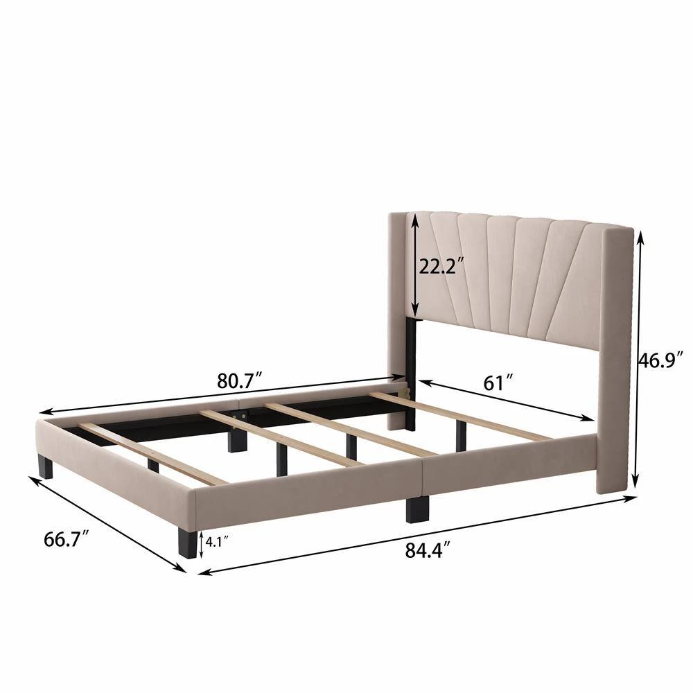 84.4 in. W Beige Velvet Upholstered Queen Size Platform Bed by ATHMILE 3 84.4 in. W Beige Velvet Upholstered Queen Size Platform Bed by ATHMILE - Image 3