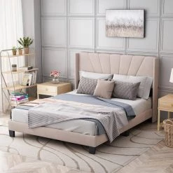 84.4 in. W Beige Velvet Upholstered Queen Size Platform Bed by ATHMILE 14 84.4 in. W Beige Velvet Upholstered Queen Size Platform Bed by ATHMILE -ATHMILE Sales Store beige athmile platform beds gzx b2w20221128 fa 1000