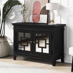 Black Accent Storage Cabinet Wooden Cabinet with Mirror Door by ATHMILE -ATHMILE Sales Store black athmile accent cabinets gzwf284088aab 1f 1000