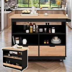 Black Kitchen Island Cart with Solid Wood Top and Locking Wheels, Tableware Cabinet by ATHMILE -ATHMILE Sales Store black athmile bar carts gz b2w20220936 31 1000