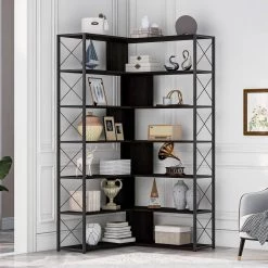 70.9 in. H Black Wood 7-Tier L-Shaped Corner Standard Bookcase with Metal Frame by ATHMILE -ATHMILE Sales Store black athmile bookcases bookshelves gz b2w20221250 31 1000
