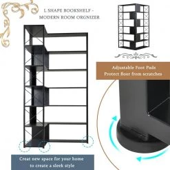 70.9 in. H Black Wood 7-Tier L-Shaped Corner Standard Bookcase with Metal Frame by ATHMILE -ATHMILE Sales Store black athmile bookcases bookshelves gz b2w20221250 44 1000