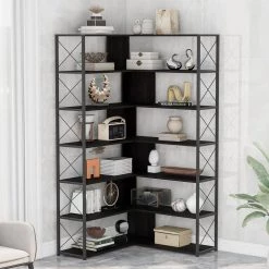 70.9 in. H Black Wood 7-Tier L-Shaped Corner Standard Bookcase with Metal Frame by ATHMILE -ATHMILE Sales Store black athmile bookcases bookshelves gz b2w20221250 4f 1000