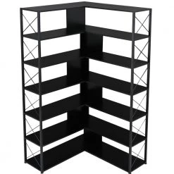 70.9 in. H Black Wood 7-Tier L-Shaped Corner Standard Bookcase with Metal Frame by ATHMILE