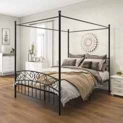 83.46 in. W Black Non-Upholstered Metal Frame Twin Canopy Bed by ATHMILE -ATHMILE Sales Store black athmile canopy beds gz b2w20221396 4f 1000