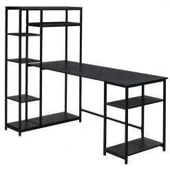 63 in. W L-Shape Black Color MDF Desktop Solid Steel Frame Computer Desk with Multiple Bookshelf and Storage Space by ATHMILE