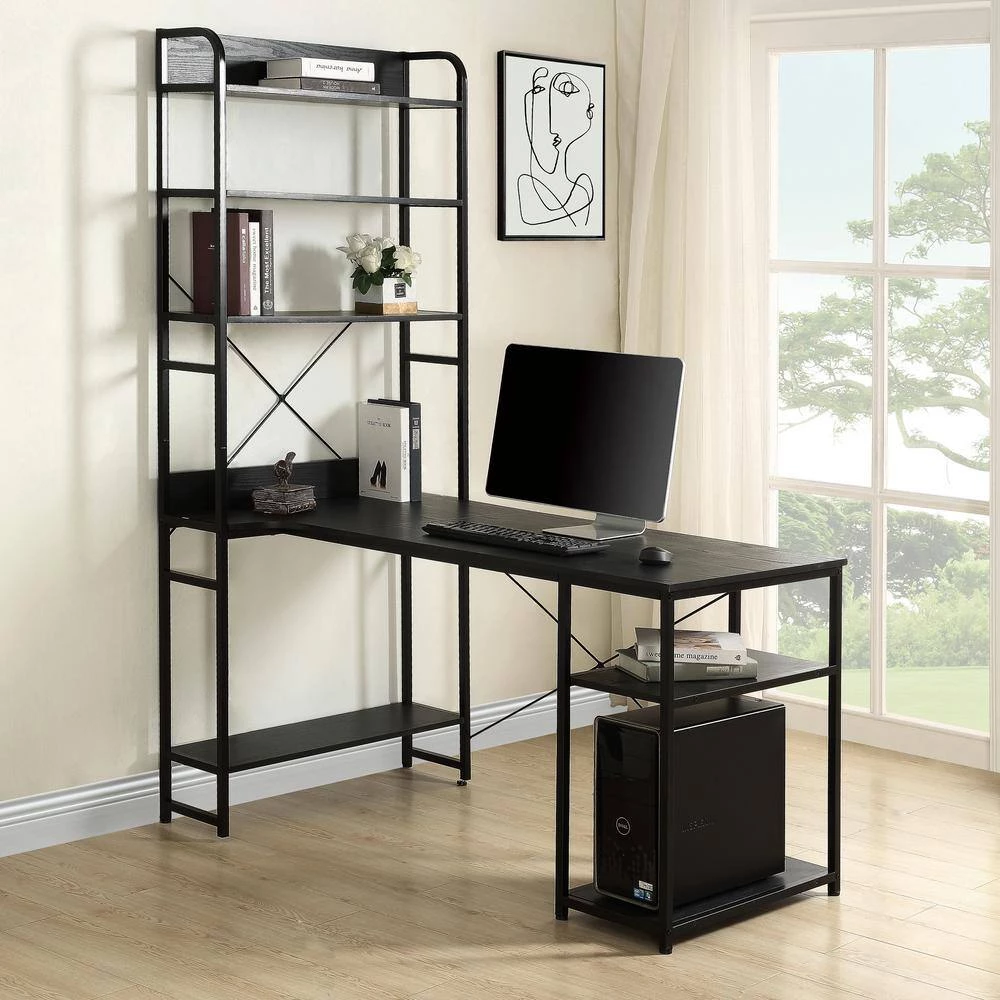 Black Color 54.3 in. Home Office Steel Frame Computer Desk MDF Board with 5-Tier Open Bookshelf by ATHMILE 9 Black Color 54.3 in. Home Office Steel Frame Computer Desk MDF Board with 5-Tier Open Bookshelf by ATHMILE - Image 9