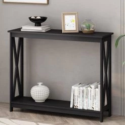 39.3 in. Black Rectangle Wood Console Table by ATHMILE -ATHMILE Sales Store black athmile console tables gz b2w20220457 4f 1000