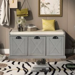 Gray Wash Storage Bench 43 in. L x 15.7 in. W x 20 in. H by ATHMILE -ATHMILE Sales Store black athmile dining benches gz b2w20221206 1f 1000