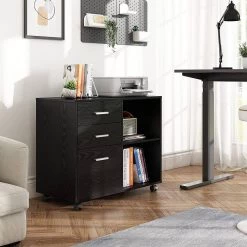 Black 3-Drawer Wood File Cabinet with Open Storage Shelves by ATHMILE -ATHMILE Sales Store black athmile file cabinets gz b2w20221415 31 1000