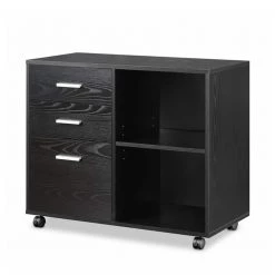 Black 3-Drawer Wood File Cabinet with Open Storage Shelves by ATHMILE