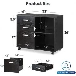 Black 3-Drawer Wood File Cabinet with Open Storage Shelves by ATHMILE -ATHMILE Sales Store black athmile file cabinets gz b2w20221415 c3 1000