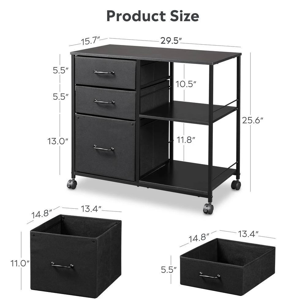 Black 3-Drawer Wood File Cabinet with Open Storage Shelves by ATHMILE 5 Black 3-Drawer Wood File Cabinet with Open Storage Shelves by ATHMILE - Image 5