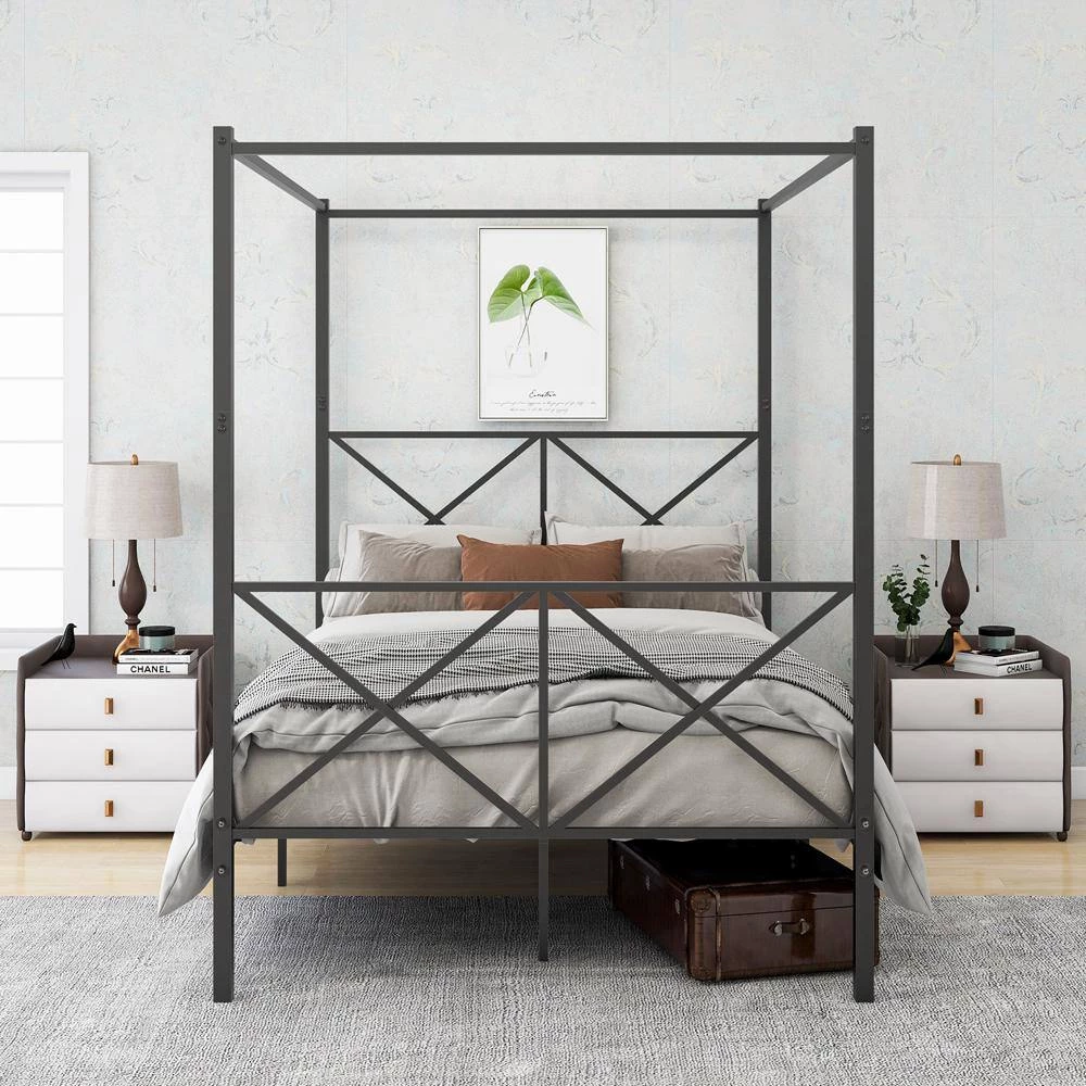55 in. W Black Non-upholstered Wood Frame Full Four Poster Bed by ATHMILE 7 55 in. W Black Non-upholstered Wood Frame Full Four Poster Bed by ATHMILE - Image 7