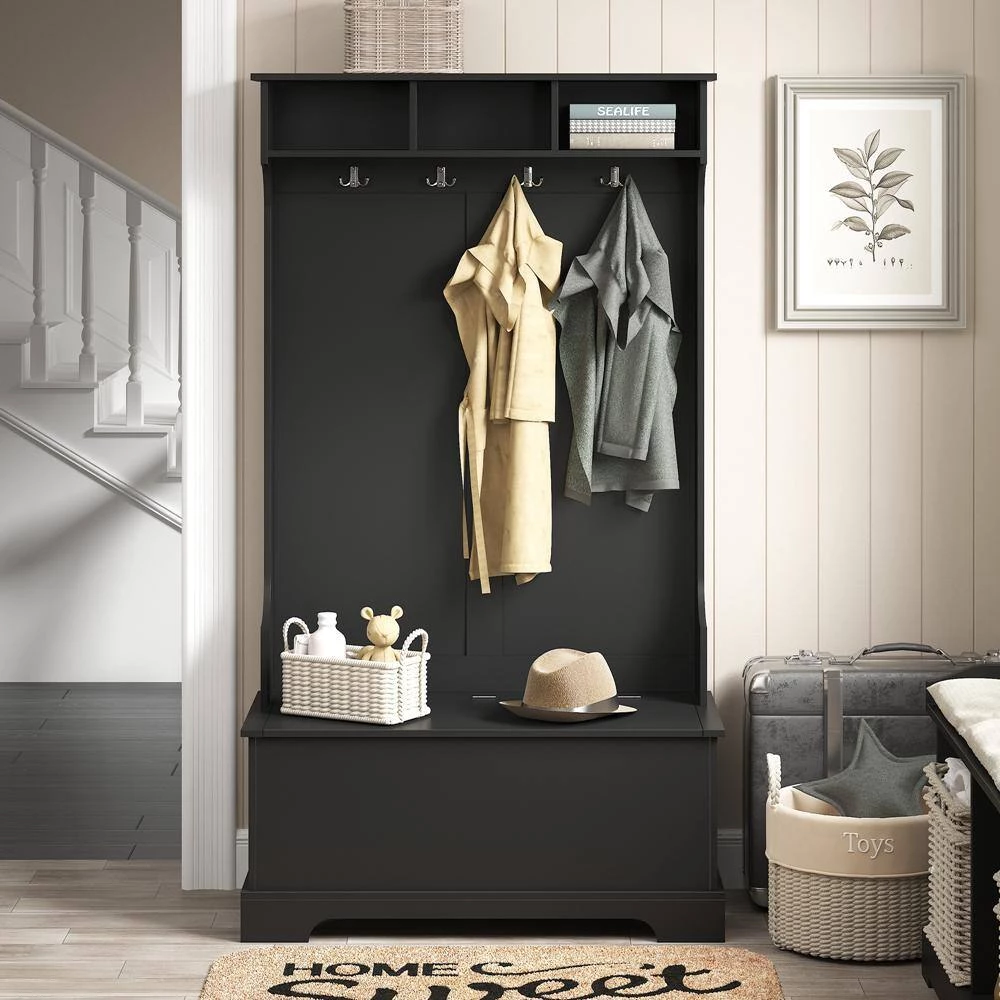 Black Hall Tree with 4-Hooks and Hinged Lid by ATHMILE 5 Black Hall Tree with 4-Hooks and Hinged Lid by ATHMILE - Image 5