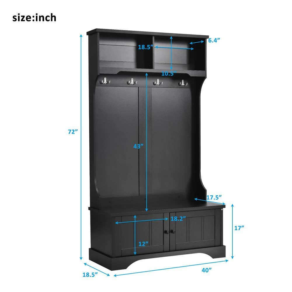 3-in-1 Design Black Hall Tree with 4 Hooks and Shelves Cabinet by ATHMILE 3 3-in-1 Design Black Hall Tree with 4 Hooks and Shelves Cabinet by ATHMILE - Image 3