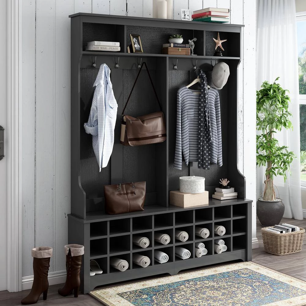 Black Bench Hall Tree with Ample Storage Space and 24-Shoe Cubbies by ATHMILE 4 Black Bench Hall Tree with Ample Storage Space and 24-Shoe Cubbies by ATHMILE - Image 4