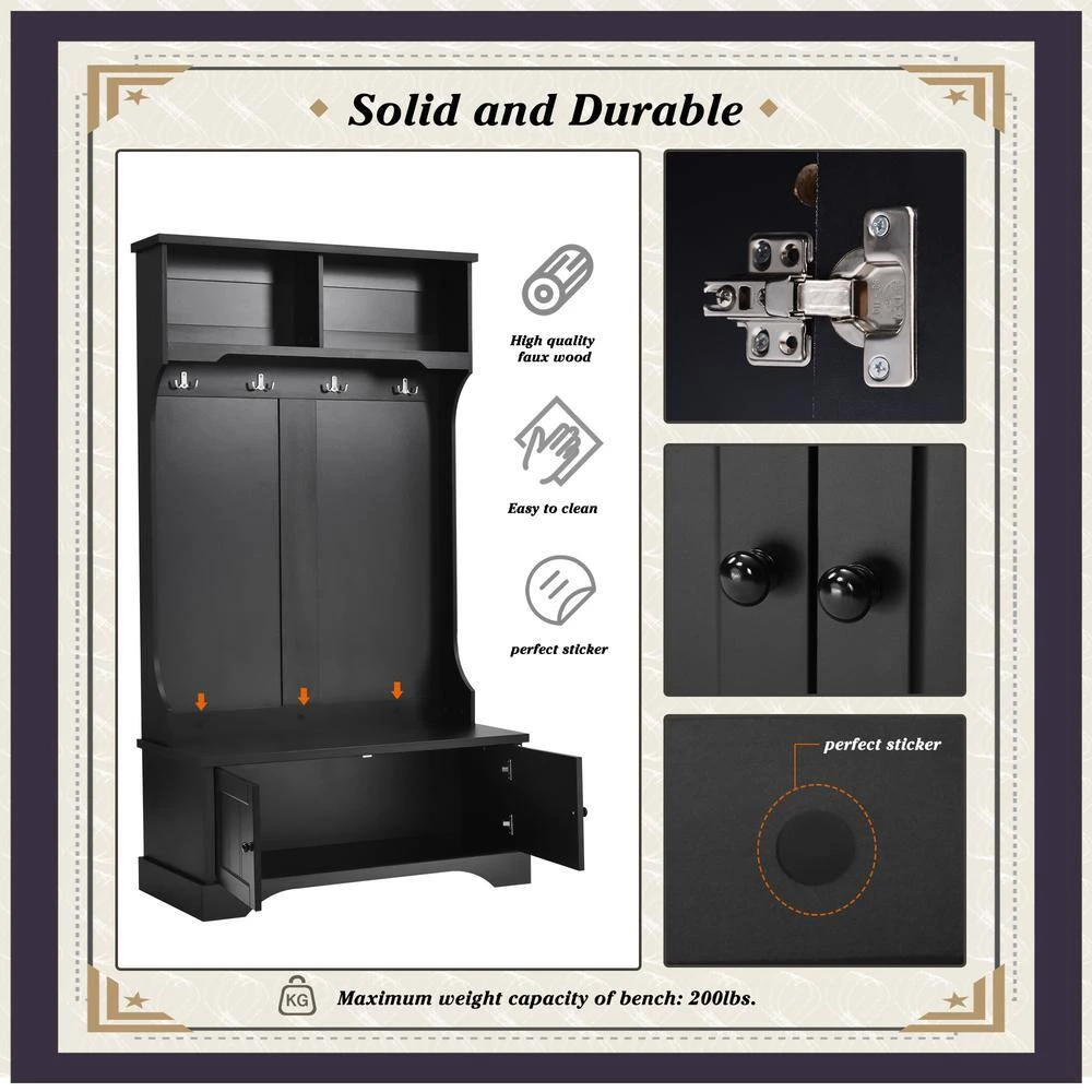 Black Hall Tree with Shelves Cabinet and Four Hooks by ATHMILE 5 Black Hall Tree with Shelves Cabinet and Four Hooks by ATHMILE - Image 5