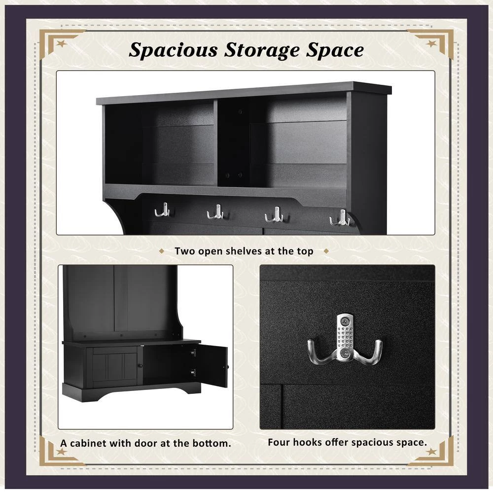 Black Hall Tree with Shelves Cabinet and Four Hooks by ATHMILE 4 Black Hall Tree with Shelves Cabinet and Four Hooks by ATHMILE - Image 4