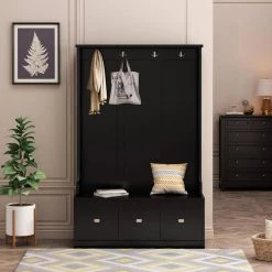 Black Hall Tree with 4-Hooks and 3-Large Drawers by ATHMILE 19 Black Hall Tree with 4-Hooks and 3-Large Drawers by ATHMILE -ATHMILE Sales Store black athmile hall trees gzx b2w20221363 31 1000