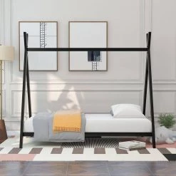 Black Twin Size Metal House Bed Tent Bed with Slat by ATHMILE -ATHMILE Sales Store black athmile kids beds gz b2w20220631 31 1000