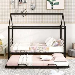 Black Twin Size Metal House Shape Platform Bed with Trundle by ATHMILE -ATHMILE Sales Store black athmile kids beds gz b2w20221571 31 1000