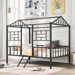Black Full Size Metal House Bed with Slatted Support by ATHMILE -ATHMILE Sales Store black athmile kids beds gz b2w20221669 31 1000