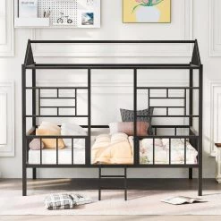 Black Full Size Metal House Bed with Slatted Support by ATHMILE -ATHMILE Sales Store black athmile kids beds gz b2w20221669 c3 1000