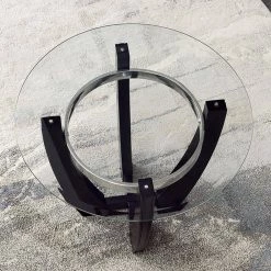 42 in. Round Black Tempered Glass Top Dining Table with Solid Wood Frame (Seats 4) by ATHMILE -ATHMILE Sales Store black athmile kitchen dining tables gz b2w20220143 44 1000