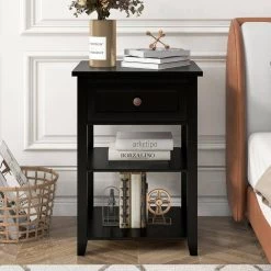 1-Drawer Wooden Black Nightstand (20.9 in. Lx17.2 in. W x29 in. H) by ATHMILE -ATHMILE Sales Store black athmile nightstands gz b2w20222045 c3 1000