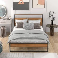 Black Full Size Metal Platform Bed Frame with Sockets by ATHMILE -ATHMILE Sales Store black athmile panel beds gz b2w20221679 c3 1000